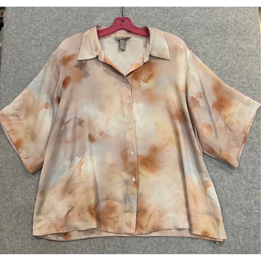 H&M Womens Watercolor‎ Abstract Button Down Blouse Terracotta Peach Large Shirt